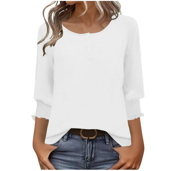 zbxnLI Womens 3/4 Sleeve Tops with Buttons Crew Neck Casual Blouses Smocked Cuffed Cute Tunic Shirts