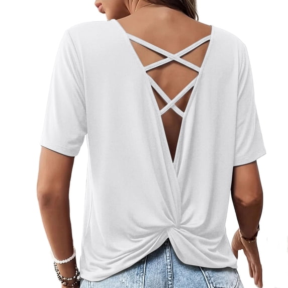 zbxnLI Womens Backless Top Open Back T Shirts Summer Breathable Short Sleeve Tee Top Casual Going out Shirt