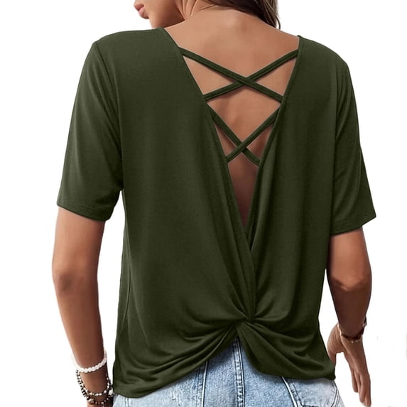 zbxnLI Womens Backless Top Open Back T Shirts Summer Breathable Short Sleeve Tee Top Casual Going out Shirt
