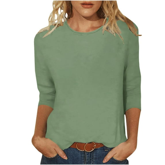 zbxnLI Womens Blouses 3/4 Sleeve T Shirts Crew Neck Tunic Shirt Business Work Blouse Solid Color Tops Basic Tees S-5XL