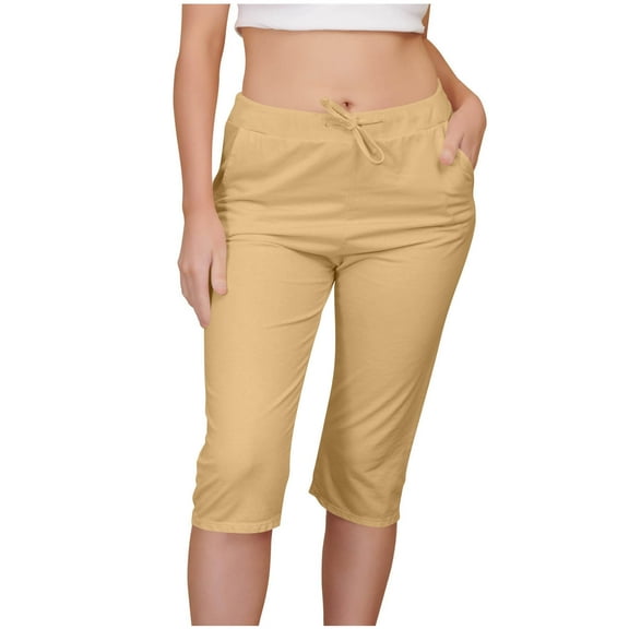 zbxnLI Womens Casual Capri Pants Stretch Waist Drawstring Knee Length Yoga Pants Summer Capris