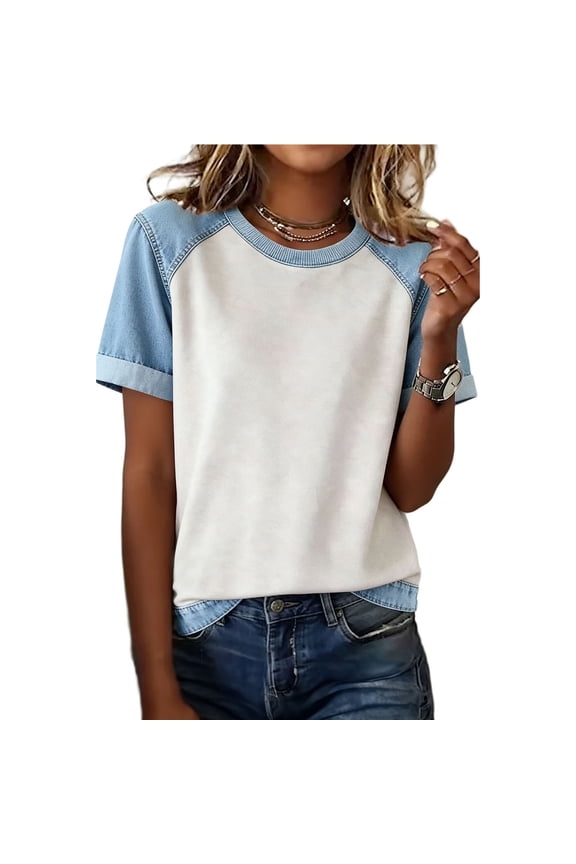 Womens Casual T Shirts Color Block Crew Neck Shirt Tops for Women Summer Fashion Short Sleeve Clothes