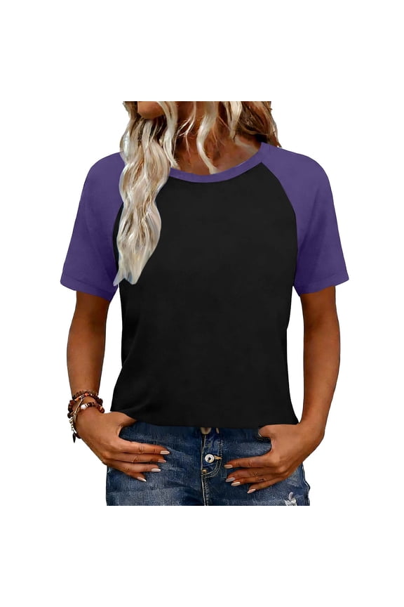 Womens Casual T Shirts Color Block Short Sleeve Tops for Women Summer Fashion Crew Neck Loose Tee Top