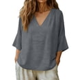 thumbnail image 1 of zbxnLI Womens Cotton Linen Loose T Shirts Summer Short Sleeve Blouse Top Casual V Neck Lightweight Vacation Outfits, 1 of 7