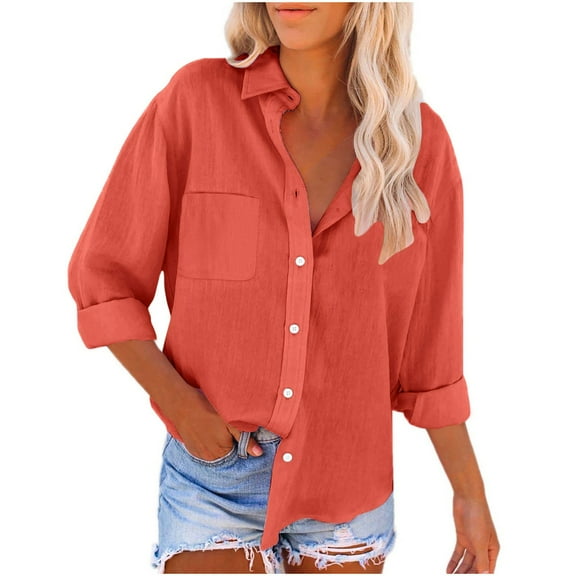 zbxnLI Womens Cotton Linen Shirts Casual Button down Shirt Lapel Long Sleeve Fall Beach Vacation Blouses Tops