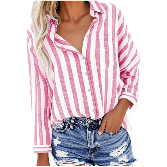 zbxnLI Womens Cotton Linen Shirts Striped Button down Shirts Long Sleeve Collared Lightweight Blouse Tops