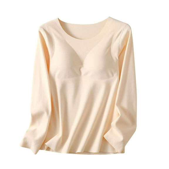 zbxnLI Womens Cotton Thermal Tops with Built in Bras Padded Base Layer Tee Shirts Winter Warm Tops