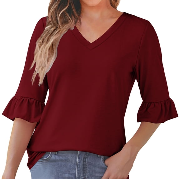 zbxnLI Womens Crew Neck Top Ruffle 3/4 Sleeve Tops for Ladies Lightweight Tunic Blouses Dressy Business Blouse