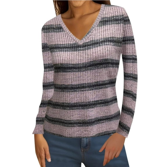 zbxnLI Womens Fashion V-Neck Sweaters Striped Long Sleeve Fuzzy Sweater Oversized Pullover Knitted Fall Clothes