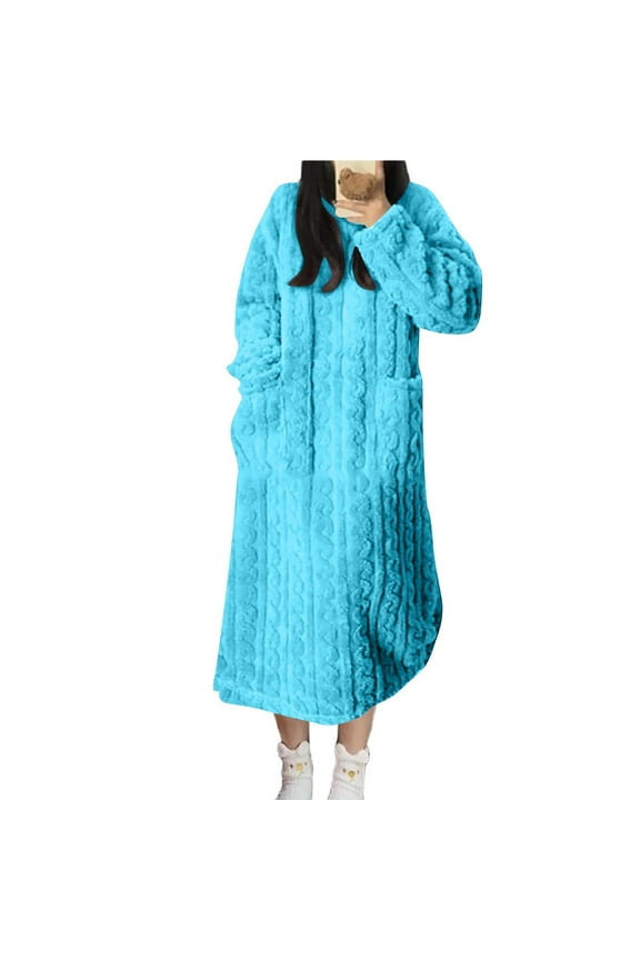 Womens Fleece Nightgowns Sherpa Pajama Dress Long Sleeve Winter Night Dress Loungewear with Pockets