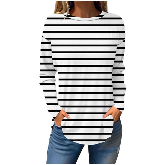 zbxnLI Womens Long Sleeve Shirts Crew Neck Striped Tunic Blouses Tops Fall Casual Loose Pullover Clothes