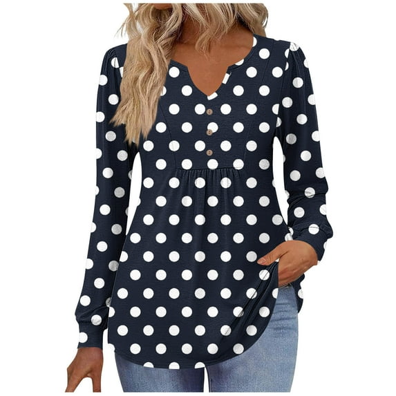 zbxnLI Womens Long Sleeve Shirts Polka Dot Print Casual Dressy Blouses V Neck Tunic Tops with Leggings
