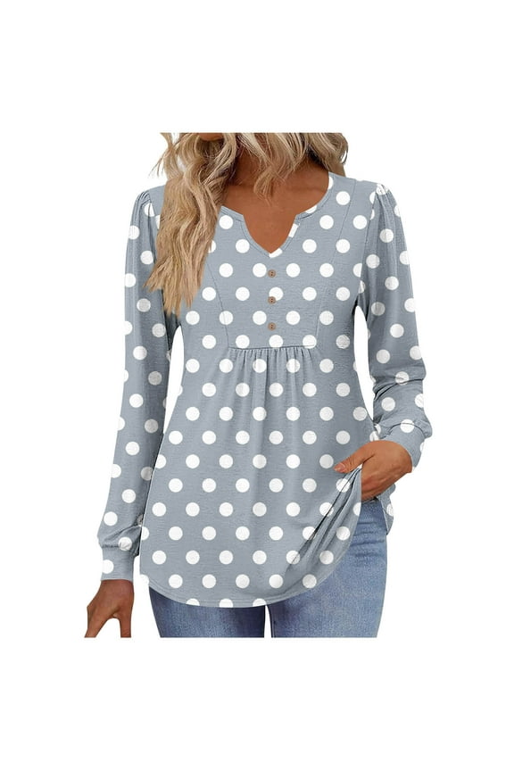 Womens Long Sleeve Shirts Polka Dot Print Casual Dressy Blouses V Neck Tunic Tops with Leggings