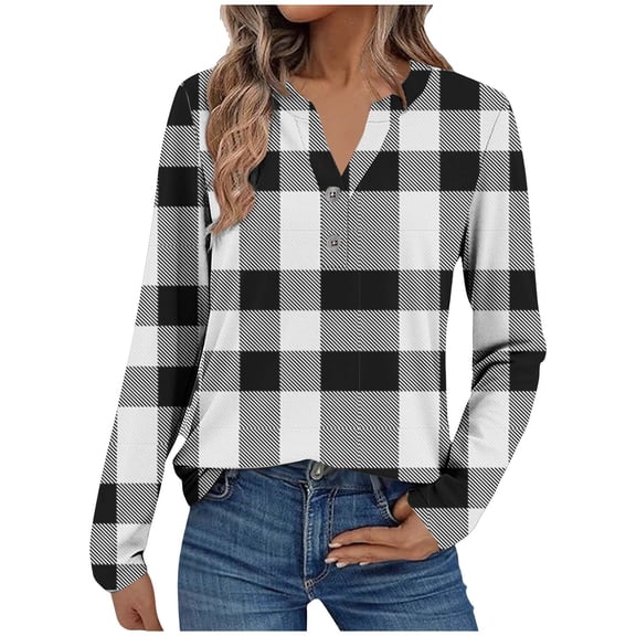 zbxnLI Womens Long Sleeve Shirts V Neck Button Tops Plaid Shirt Ladies Dressy Casual Blouse Trendy Work Clothes