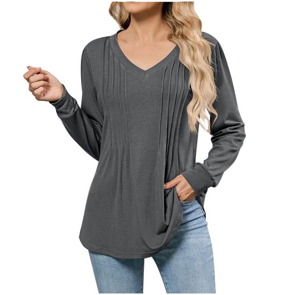 zbxnLI Womens Long Sleeve Tunic Tops V Neck Pleated Dressy Blouses Fall Winter Casual Tee Shirts