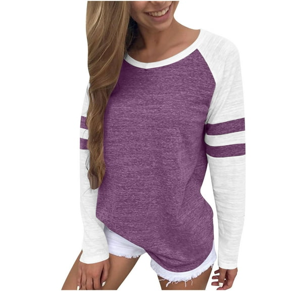 zbxnLI Womens Long Sleeved T Shirts Crew Neck Casual Loose Color Block Crewneck Basic Tee Shirts Fall Tops