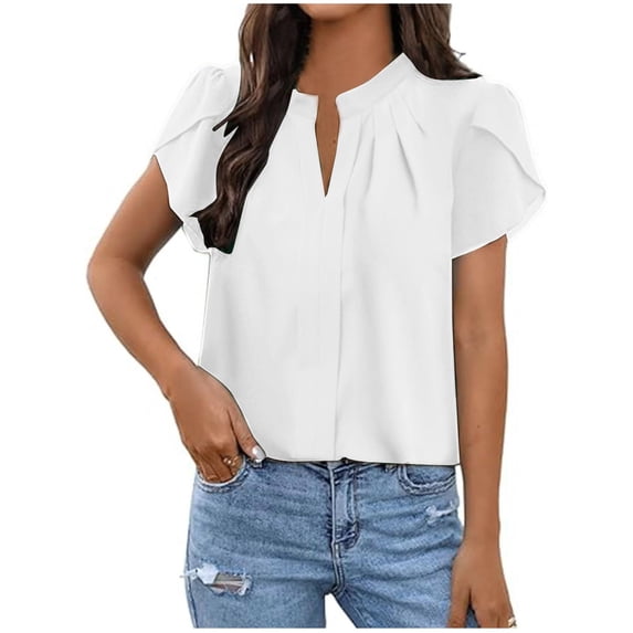 zbxnLI Womens Loose Pleated Blouses Breathable Cute Puff Sleeve Tops Summer Comfort Casual Work Solid Color Outfits