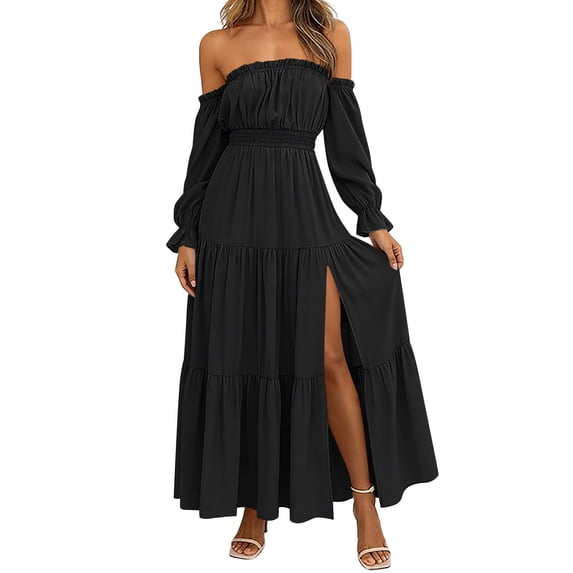 zbxnLI Womens Maxi Dress off the Shoulder Dresses Fashion Wrap A Line Vacation Wedding Summer Sundress for Women