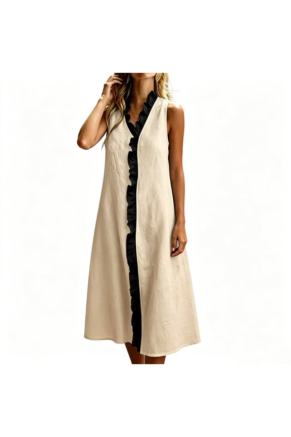Womens Maxi Tanks Sundress Ruffle Trim Top A Line Tank Dress Summer Casual Vacation Tops for Women