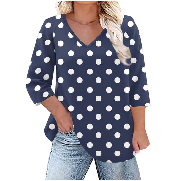 zbxnLI Womens Plus Size Tops 3/4 Length Sleeve Shirts Polka Dot Graphic T-Shirt V-Neck Casual Tunic Blouses
