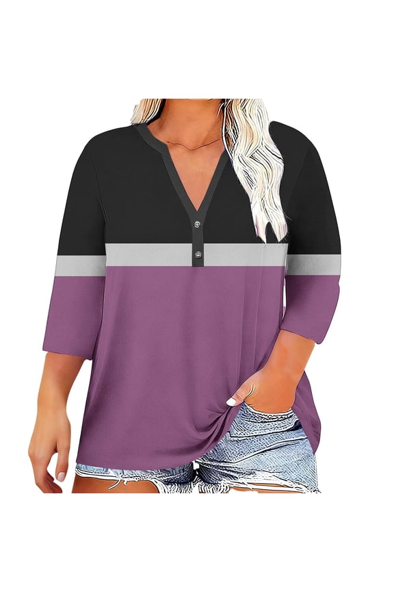 Womens Plus Size Tops 3/4 Sleeve Shirt V Neck Button Basic Tee Business Casual Shirts Spring Clothes