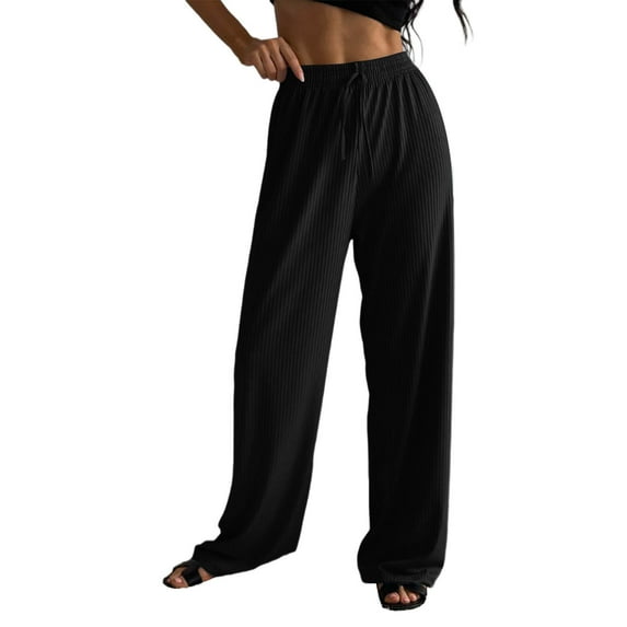 zbxnLI Womens Ribbed Casual Pants Stretch High Waist Drawstring Wide Leg Pants Loose Lounge Pants