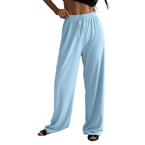 zbxnLI Womens Ribbed Casual Pants Stretch High Waist Drawstring Wide Leg Pants Loose Lounge Pants