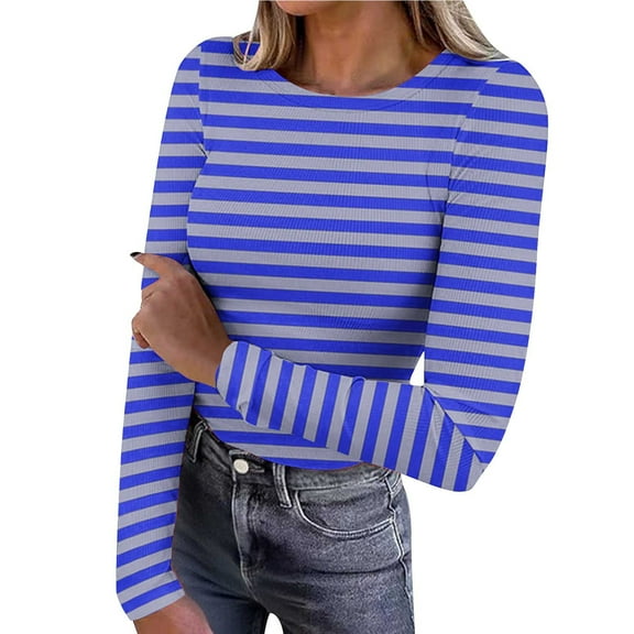 zbxnLI Womens Stretchy Striped Shirts Long Sleeve Crew Neck Tshirts Lightweight Fall Fashion Tees Basic Slim Clothes