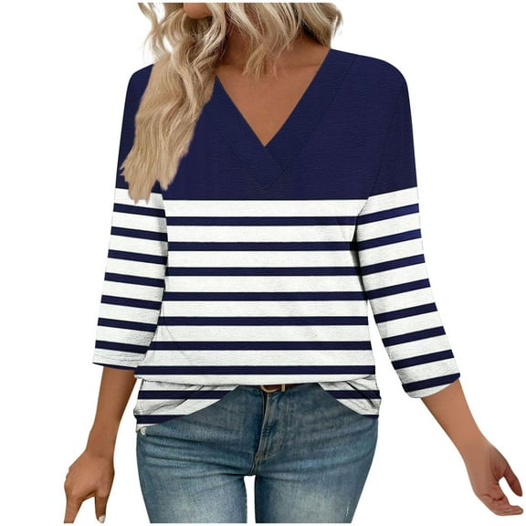 zbxnLI Womens Striped T Shirts 3/4 Sleeve Tops V Neck Shirt Ladies Basic Comfy Tee Casual Summer Fashion Clothes
