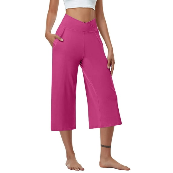 zbxnLI Womens Summer Capri Pants Wide Leg Cropped Pants Crossover High Waist Workout Yoga Capris Pants