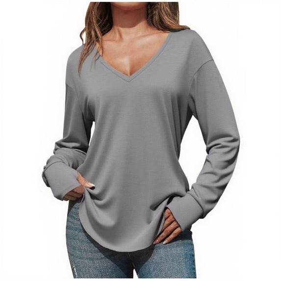 zbxnLI Womens T Shirts V Neck Long Sleeve Tee Plain Basic Shirts for Ladies Casual Cute Tunic Blouses