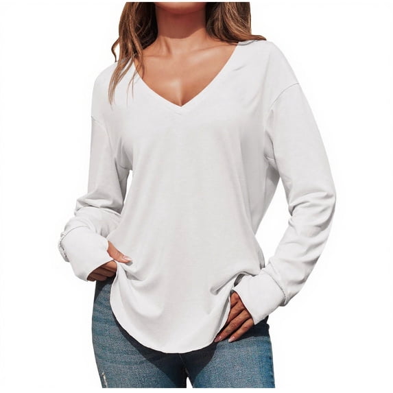 zbxnLI Womens T Shirts V Neck Long Sleeve Tee Plain Basic Shirts for Ladies Casual Cute Tunic Blouses