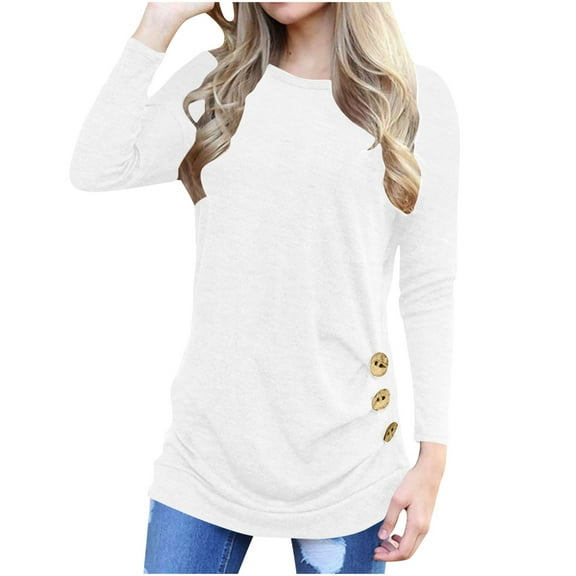 zbxnLI Womens Tunic Tops Wear Leggings Crew Neck Long Sleeve Ruched Button Casual Dressy Blouses
