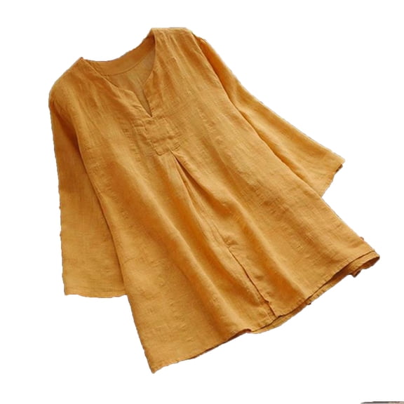 zbxnLI Womens V Neck 3/4 Sleeves Tops Pleated Blouses Loose Causal Top Solid Color Blouse Comfy Spring Summer Outfits