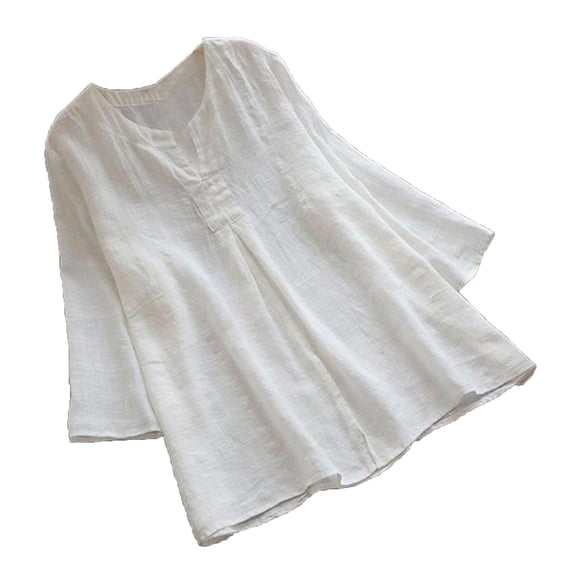 zbxnLI Womens V Neck 3/4 Sleeves Tops Pleated Blouses Loose Causal Top Solid Color Blouse Comfy Spring Summer Outfits