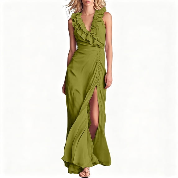 zbxnLI Womens V Neck Dress Fashion Ruffle Trim Maxi Dresses for Women Casual Side Slit Flowy Hem Long Sundress