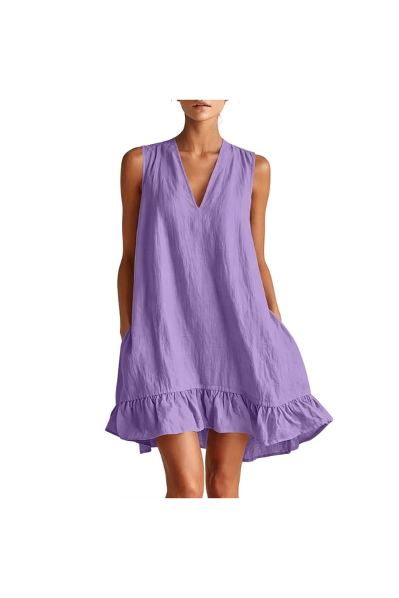 Womens V Neck Dress Mini Tanks Sundress Summer Sleeveless Dresses Flowy Hem Tank Tops Vacation Blouse
