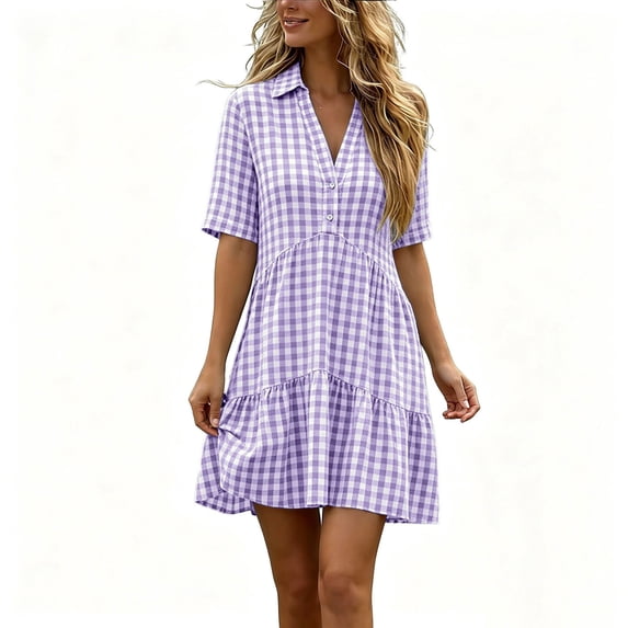 zbxnLI Womens V Neck Dress Short Sleeve Midi Dresses Summer Work Casual Loose Flowy Tiered Sundress for Women