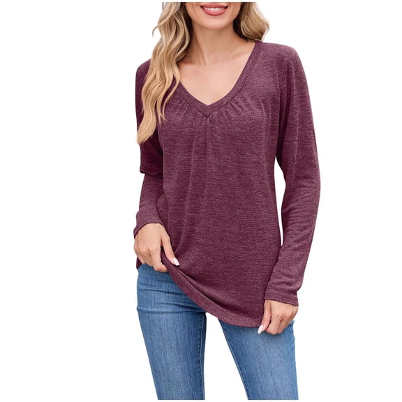 zbxnLI Womens V Neck Long Sleeved Shirts Dressy Casual Fall Blouses Loose Basic Tee Tunic Tops for Women