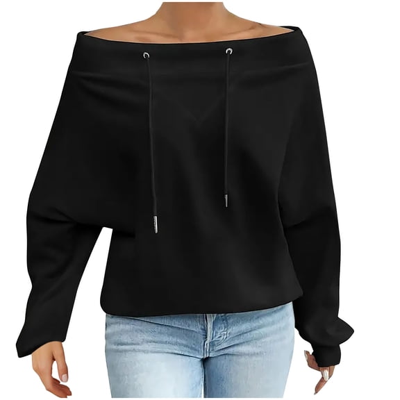 zbxnLI Womens off Shoulder Sweatshirts Going out Tops Long Sleeve Causal Pullover Sweatshirt with Drawstring