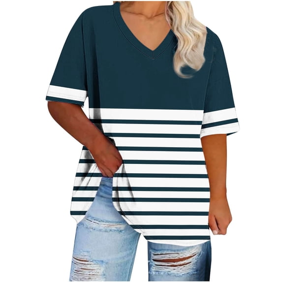 zbxnLI XL-5XL Women Plus Size Blouse Top V Neck Summer Short Sleeve Outfits Fashion Striped Loose Tunic Blouses