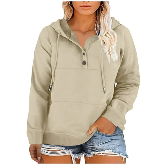 zbxnLI XL-5XL Women's Hoodies Plus Size Sweatshirt Button V Neck Casual Long Sleeve Pullover Tops