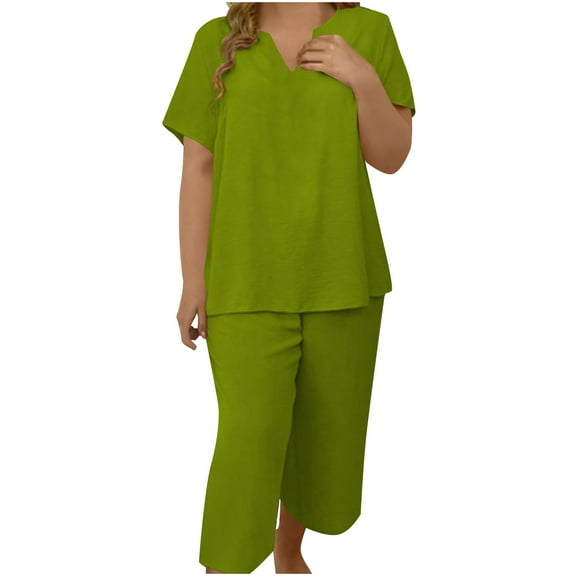 zbxnLI XL-5XL Womens 2 Pieces Outfit Sets Plus Size Short Sleeve Tops Wide Leg Capri Pants Lounge Sets