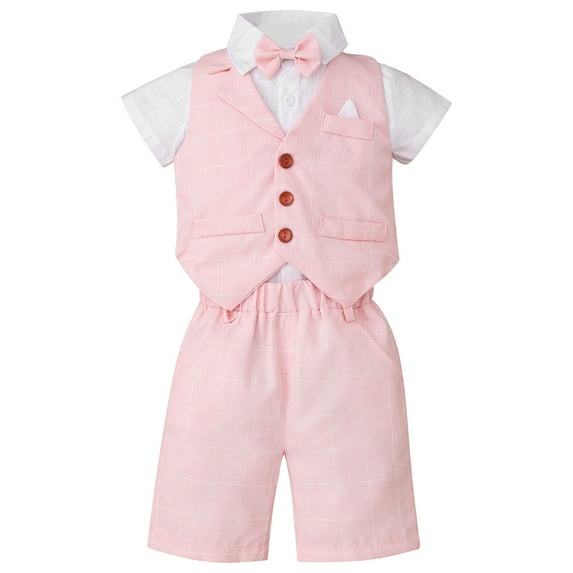 zdhoor Baby Boys Classic Tuxedo Suits Kids 3pcs Formal Shorts Set Wedding Christening Pageant Outfit Pink 100