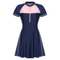 thumbnail image 1 of zdhoor Girls One Pieces Swimsuit Short Sleeve Zip Front Swim Dress Colorblock Swimwear Bathing Suits Dark Blue L, 1 of 7