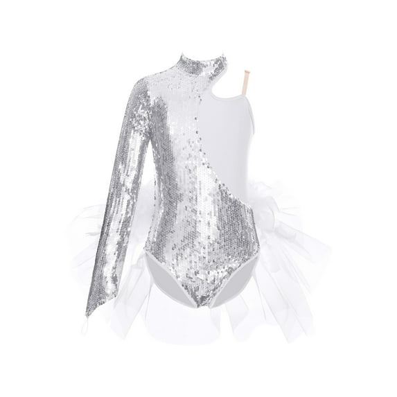 zdhoor Girls Sequin Camisole Ruffle Tutu Skirt Leotard One Shoulder Jazz Ballet Dance Dress Ballerina Silver 6