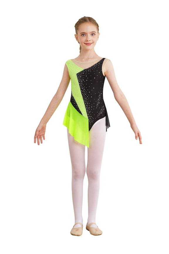 Girls Sleeveless Backless Figure Skating Dress Mesh Splice Ballet Dance Leotards with Rhinestones Fluorescent Yellow 6