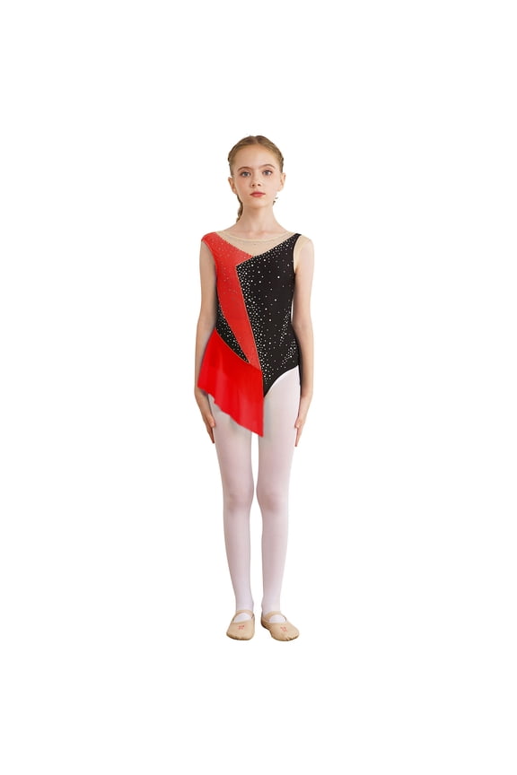 Girls Sleeveless Backless Figure Skating Dress Mesh Splice Ballet Dance Leotards with Rhinestones Red 8