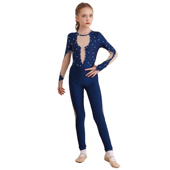 zdhoor Kids Girls Gymnastic Leotard Full Length One Piece Jumpsuit Catsuit Long Sleeve Dance Unitard Navy Blue 16