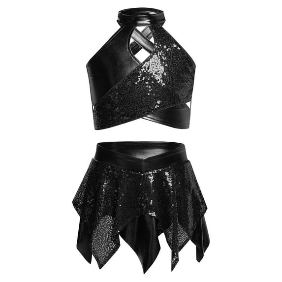 zdhoor Kids Girls Jazz Dance Outfits Sequin Crop Top Skirts Activewear Black 8